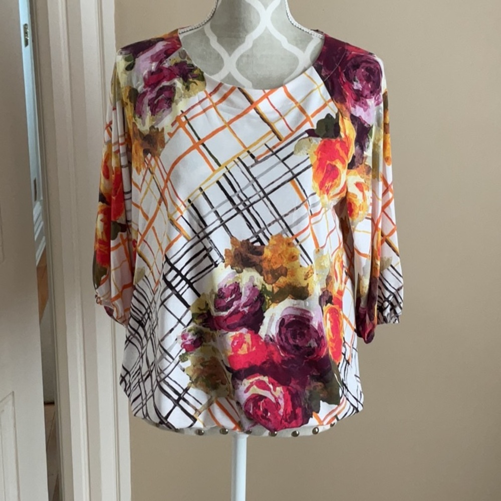 Laura Petites White and Pink blousey 3/4 Sleeve Blouse